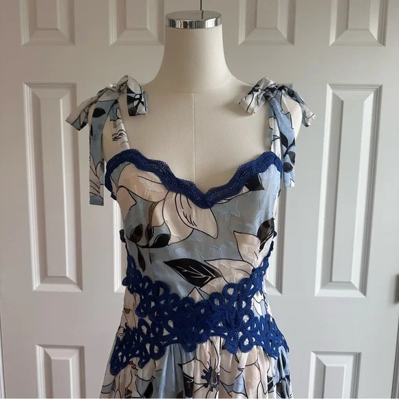 Foxiedox Floral Bow Ties Blue Crochet Coquette Wedding Guest Maxi Dress Size S - Picture 3 of 13